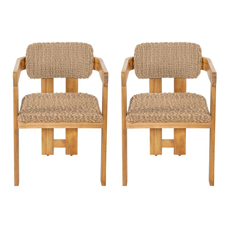 Christopher Knight Home - Outdoor Acacia Wood Dining Chairs with Handwoven Rattan Seat & Back - Set of 2