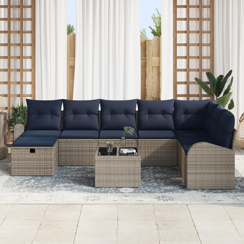 vidaXL 8/9 Garden Sofa Set with Cushions Black/Brown/Grey Poly Rattan - 113.8 x 70.5 x 27.2