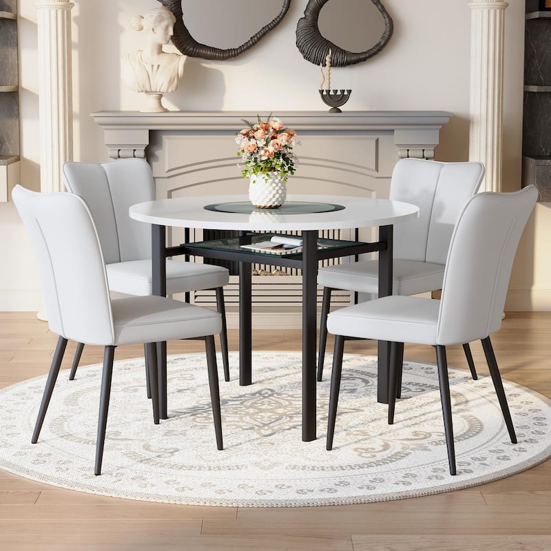 5-Piece Round Dining Table Set, 42" Kitchen Table and Chairs Set for 4 with Lower Storage Shelf