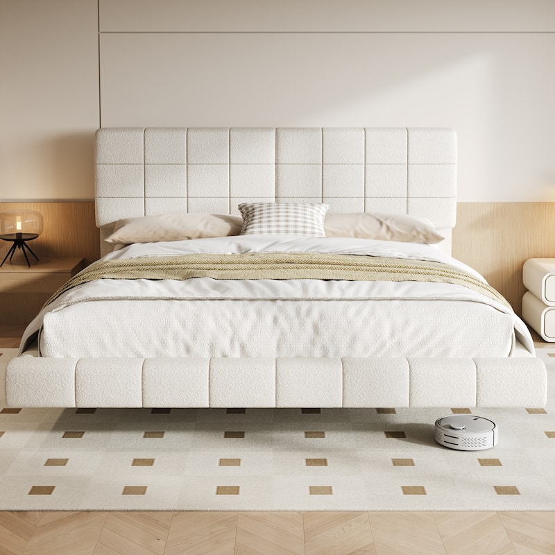 Floating Platform Bed Frame with LED Lights, Headboard, Modern Upholstered Boucle Fabric Bed with Checkerboard Design