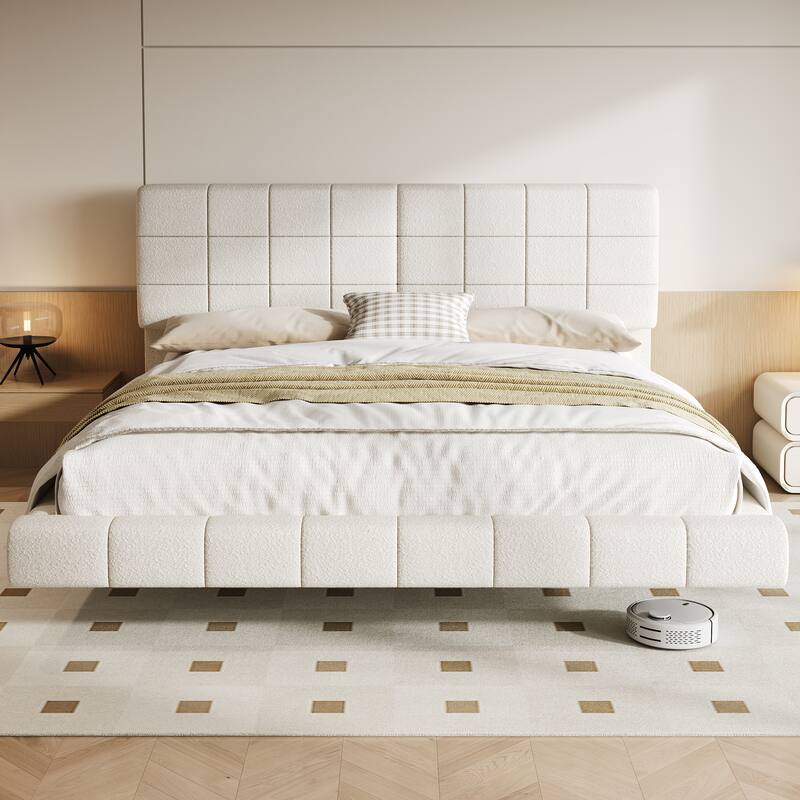 Queen Floating Bed with LED Lights - Soft Boucle Fabric, 800lbs Capacity, Easy Clean Design