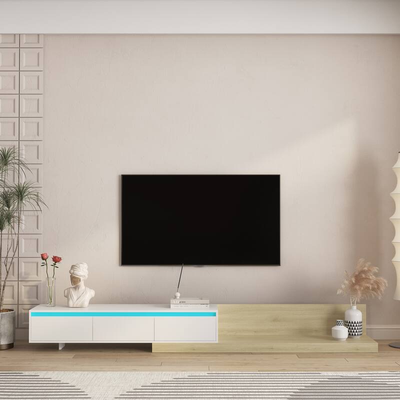 Modern TV Stand with LED Lights & Storage, Wooden Entertainment Center for Living Room
