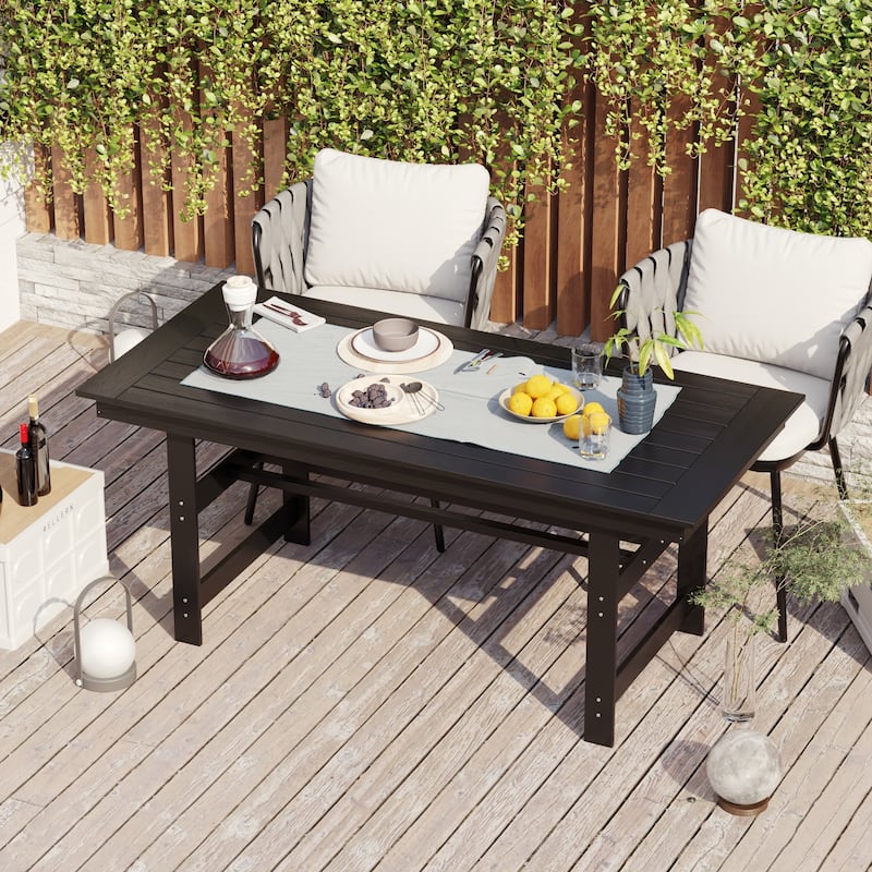 Outdoor Dining Table and Chair Set: HDPE Material, Wood - Grain Design