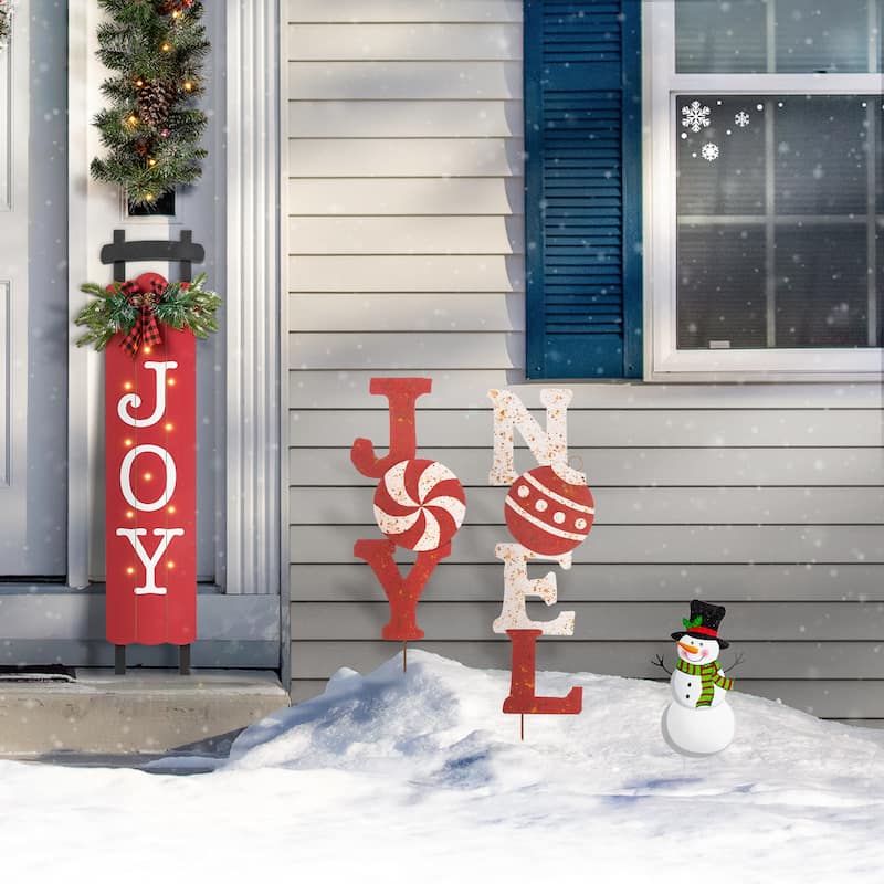 Glitzhome 36"H Christmas Rusty Metal JOY & NOEL Sign Yard Stakes Garden Decor (Two Functions)