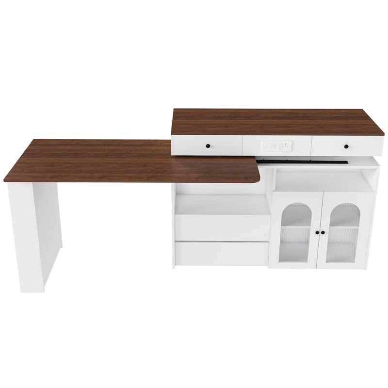 Kitchen Island with Extendable Rotating Table, 4 Drawers, Glass Doors & Built-in Socket