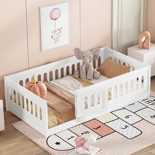 Twin/Full Size Floor Bed with Heightened Safety Guardrails and Door