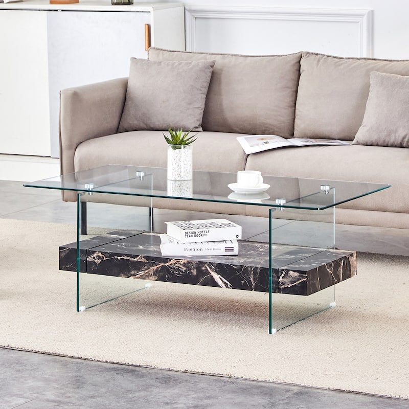 Modern Rectangular 2-Tier Coffee Table Multifunctional Coffee Table with Storage Space and Non-slip Feet, for Living Room