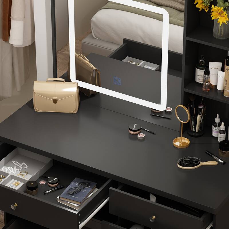 Kerrogee Makeup Vanity Set with Adjustable Lighted Mirror & Stool - 39.4"L x 19.7"W x 53.5"H