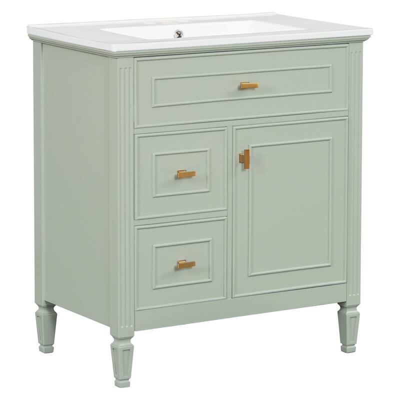 Roomfitters 30" Bathroom Vanity with Ceramic Sink, Solid Wood Frame with Flip Drawer, 2 Side Drawers & Adjustable Shelf