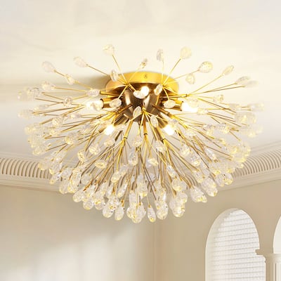 5-Light Modern Sputnik Starburst Crystal Semi-Flush Mount Light