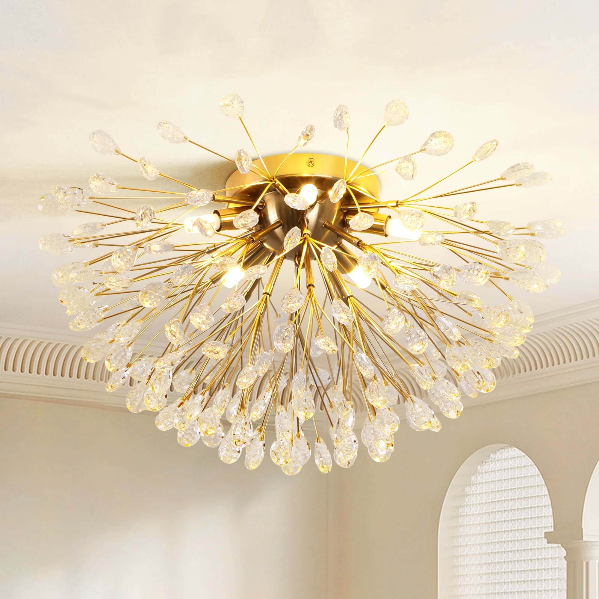 Rennnsan 5-Light Modern Sputnik Starburst Crystal Semi-Flush Mount Light