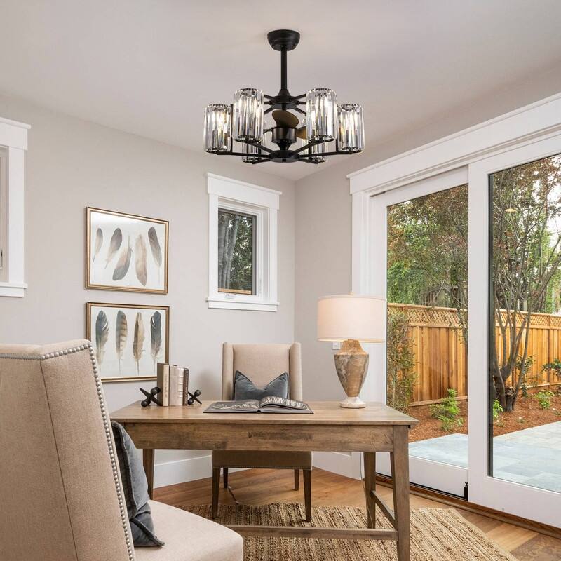 27" Crystal Ceiling Fan with Light and Remote Control 6-Light Black Caged Fandelier Luxury Ceiling Fan for Living Room Kitchen