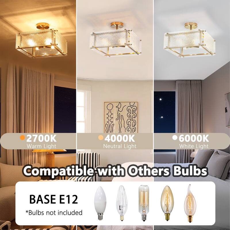Modern 4 Light Semi Flush Mount Textured Glass Black Metal Design
