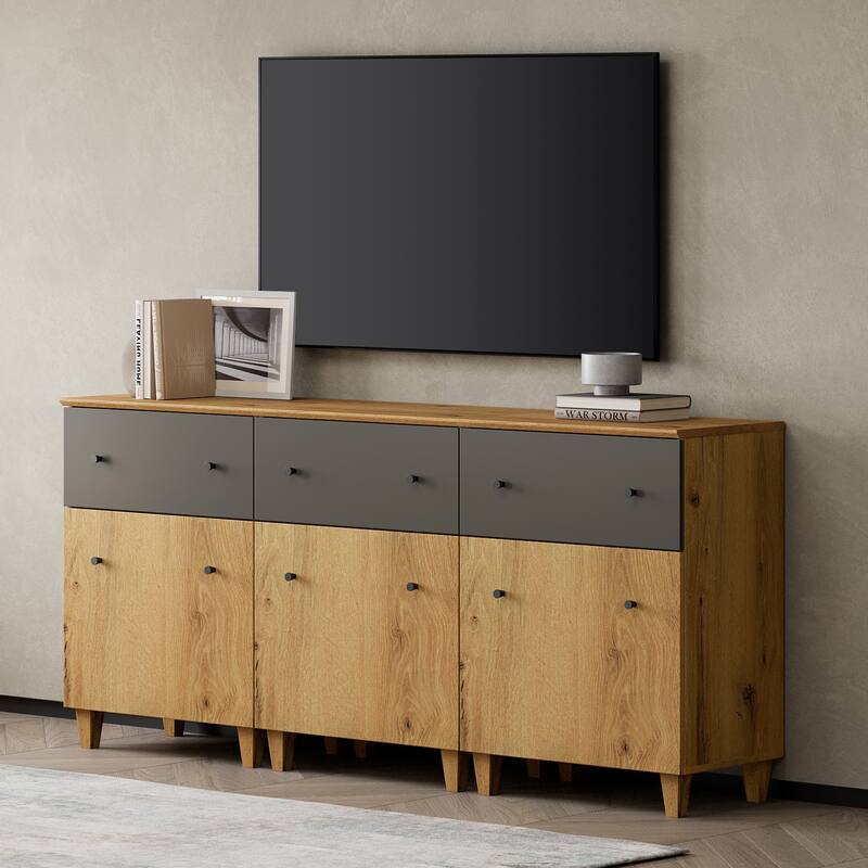 WAMPAT Modern TV Cabinet Stand with Drawers and Door - 70.8" - 3 Pack - Oak Brown & Dark Grey
