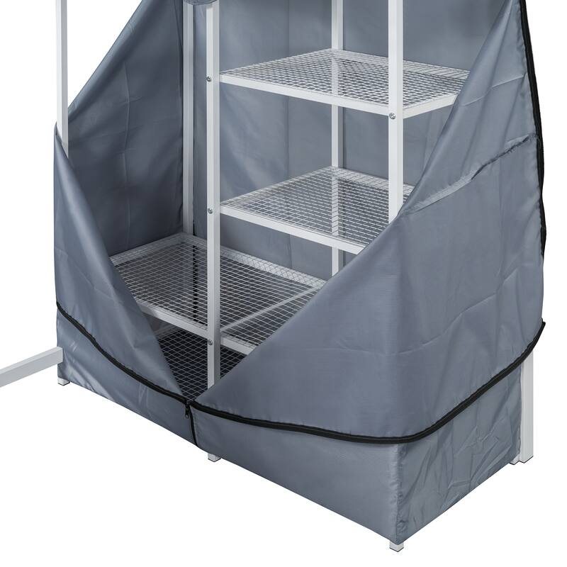 Modern Loft Bed with Desk & Wardrobe, Metal Loft Bed Frame with Shelves, USB Power Outlet, LED Light, for Kids Teens Adults