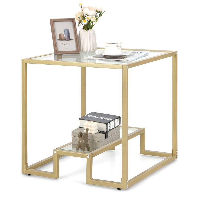 Costway 22'' 2-Tier Sofa Side Table Square Metal Frame for Living Room - Bronze - See Details