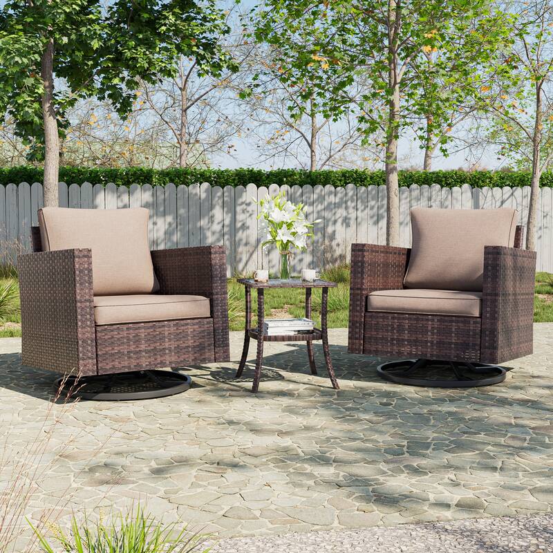 BONOSUKI 3Pcs Patio Swivel Rocking Sofa Set Brown Rattan w/Glass Table - Beige