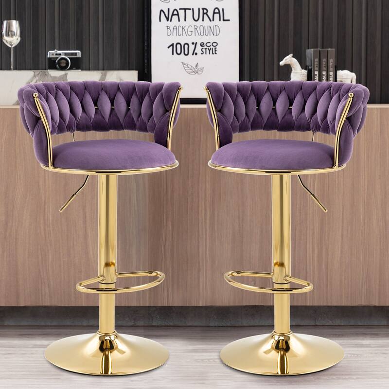 HOMEFUN Velvet Adjustable Height Swivel Armless Bar Stools With Golden Footrest(set of 2)