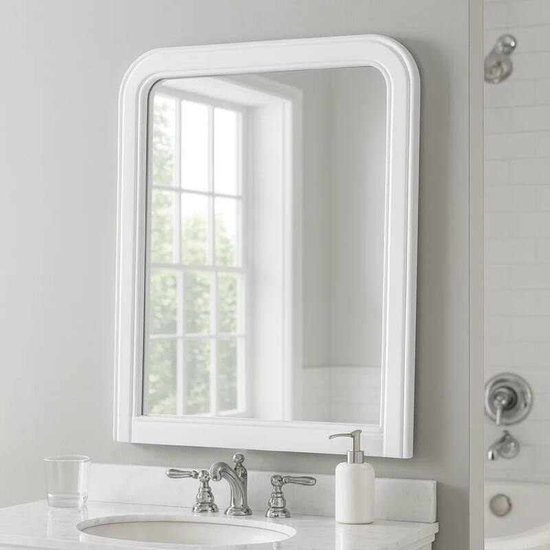 37 Inches Wooden Mirror with Curved Edges, White