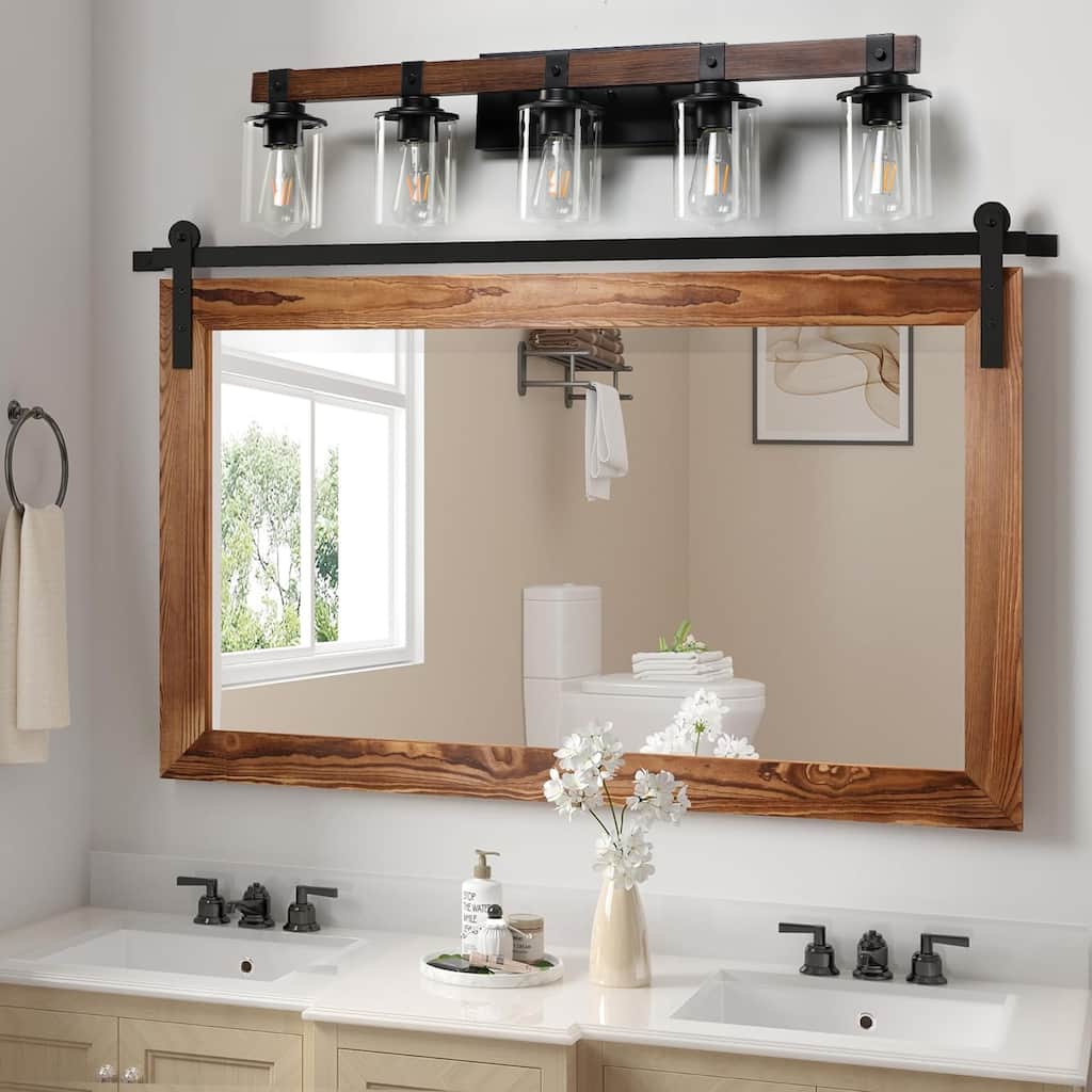 35" Rustic 5-Light Vanity Light, Industrial Bathroom Wall Sconce with Glass Shades and Wood Accent (No Bulbs) - Walnut