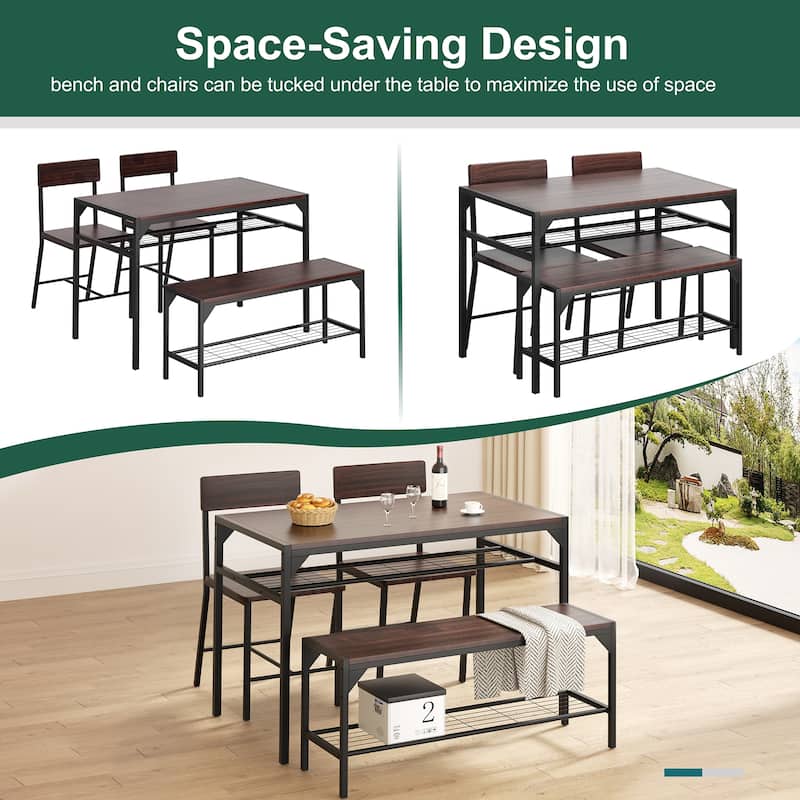 4-Piece Dining Set with Bench & Chairs - Space-Saving Table Set for Kitchen, Breakfast Nook