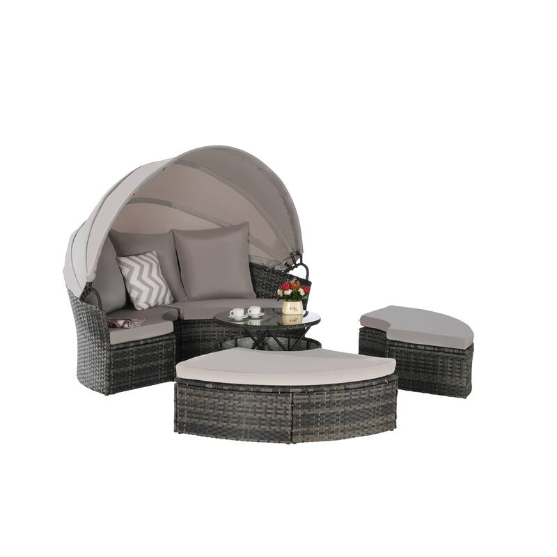 5-Piece Outdoor Patio Conversation Set Wicker Daybed Set with Canopy, Storable Table&Soft Cushions