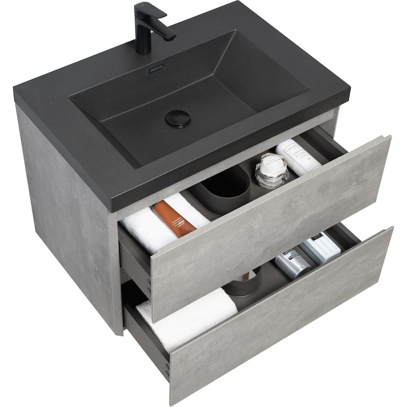 Grey Wall-Mounted Bath Vanity, Quartz Top,Sink and Soft Close Drawers