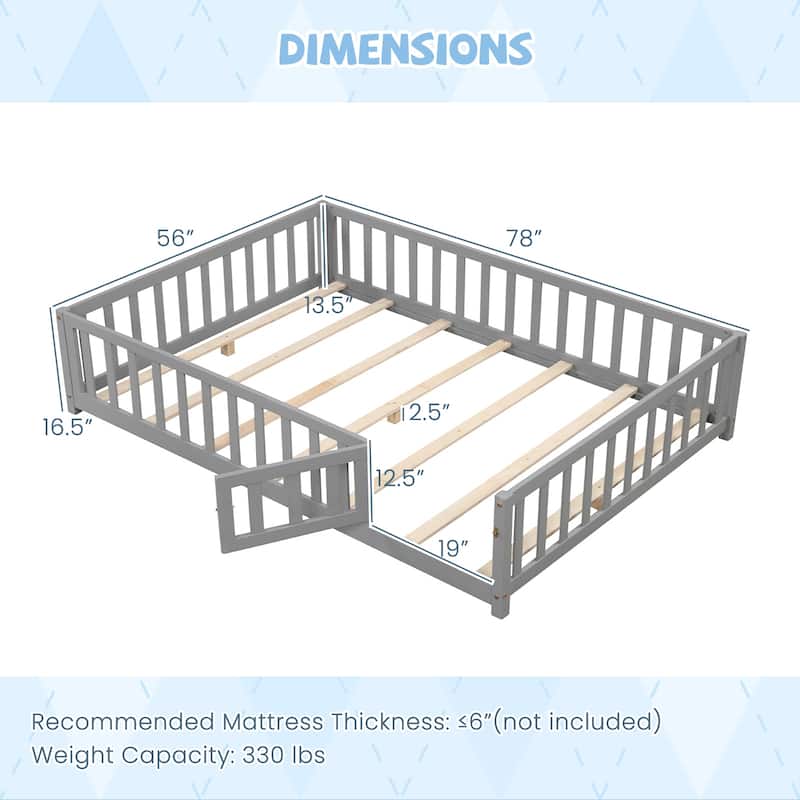 Montessori Floor Bed Frame with Full-length Guardrails Safety Door and Plywood Slats