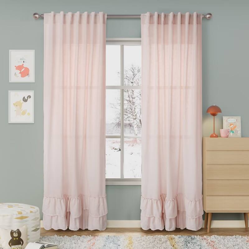 Linen Texture Double Ruffle Semi-sheer Curtain Pair(2 panels)