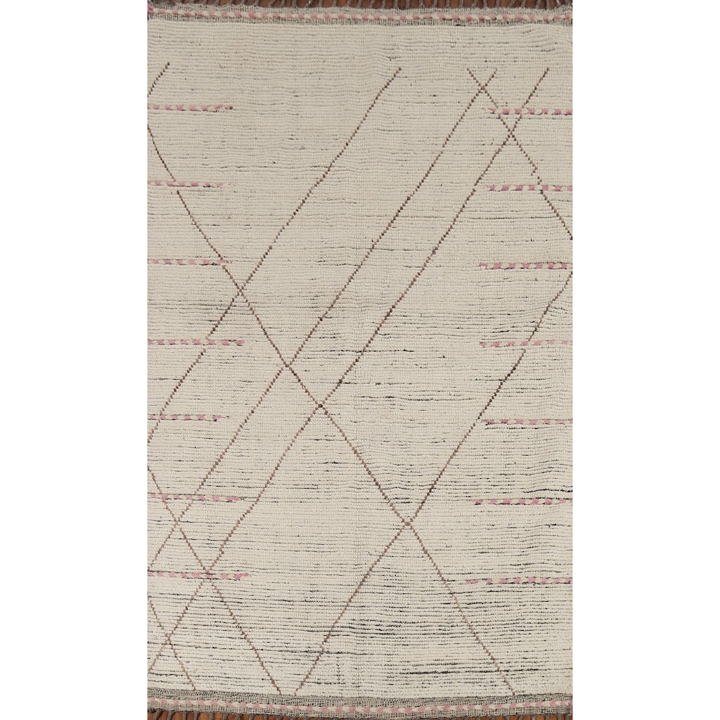 All-Over Ivory Moroccan Oriental Area Rug Hand-Knotted Wool Carpet - 4'9"x 8'9"