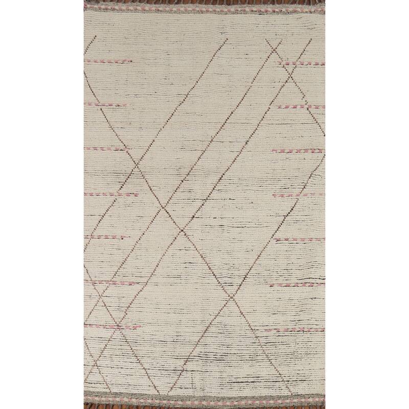 All-Over Ivory Moroccan Oriental Area Rug Hand-Knotted Wool Carpet - 4'9"x 8'9"