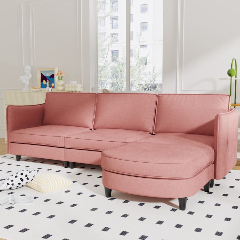 107.8'' Red 3-Seater L-Shaped Sofa with Ottoman and Arm Pockets for Living, Apartment, Office