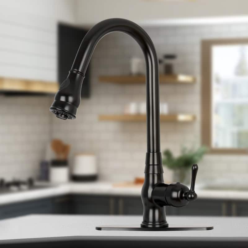 Copper Kitchen Faucet with Single Handle and Pull Down Sprayer - Matte Black