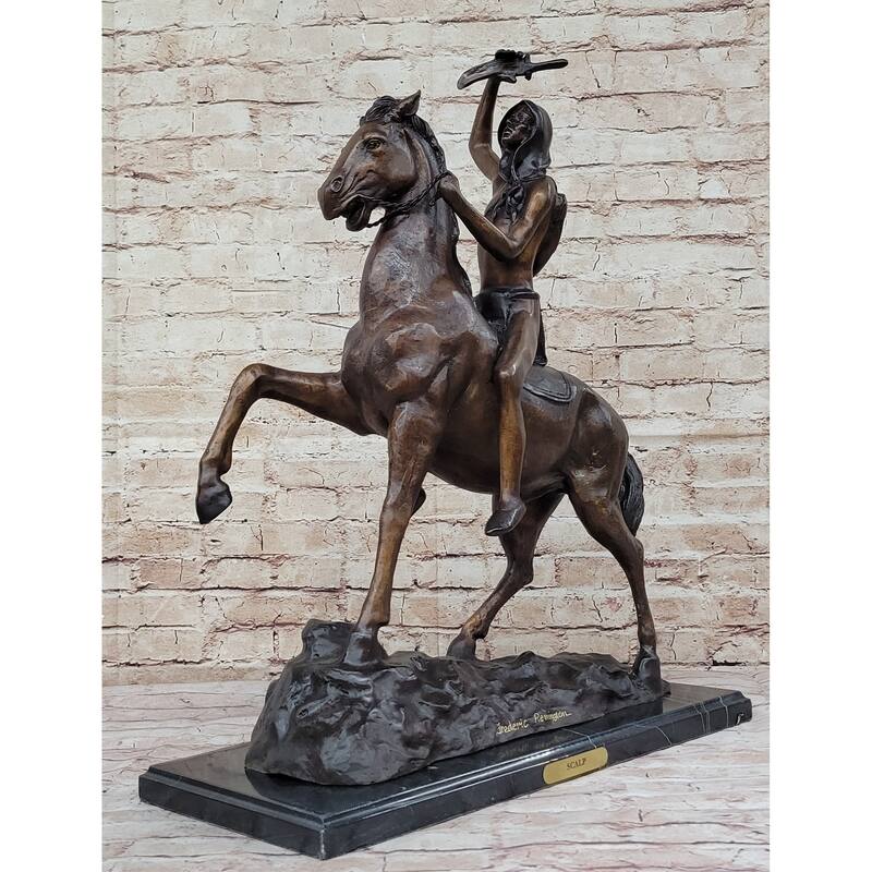 Scalp By Frederic Remington Bronze Native American Horseback Sculpture Statue 26 Inches X 22 Inches