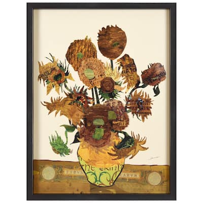 "Sunflower Embrace" Alex Zeng's Signed Hand-made Dimensional Wall Art Collage, under glass with frame