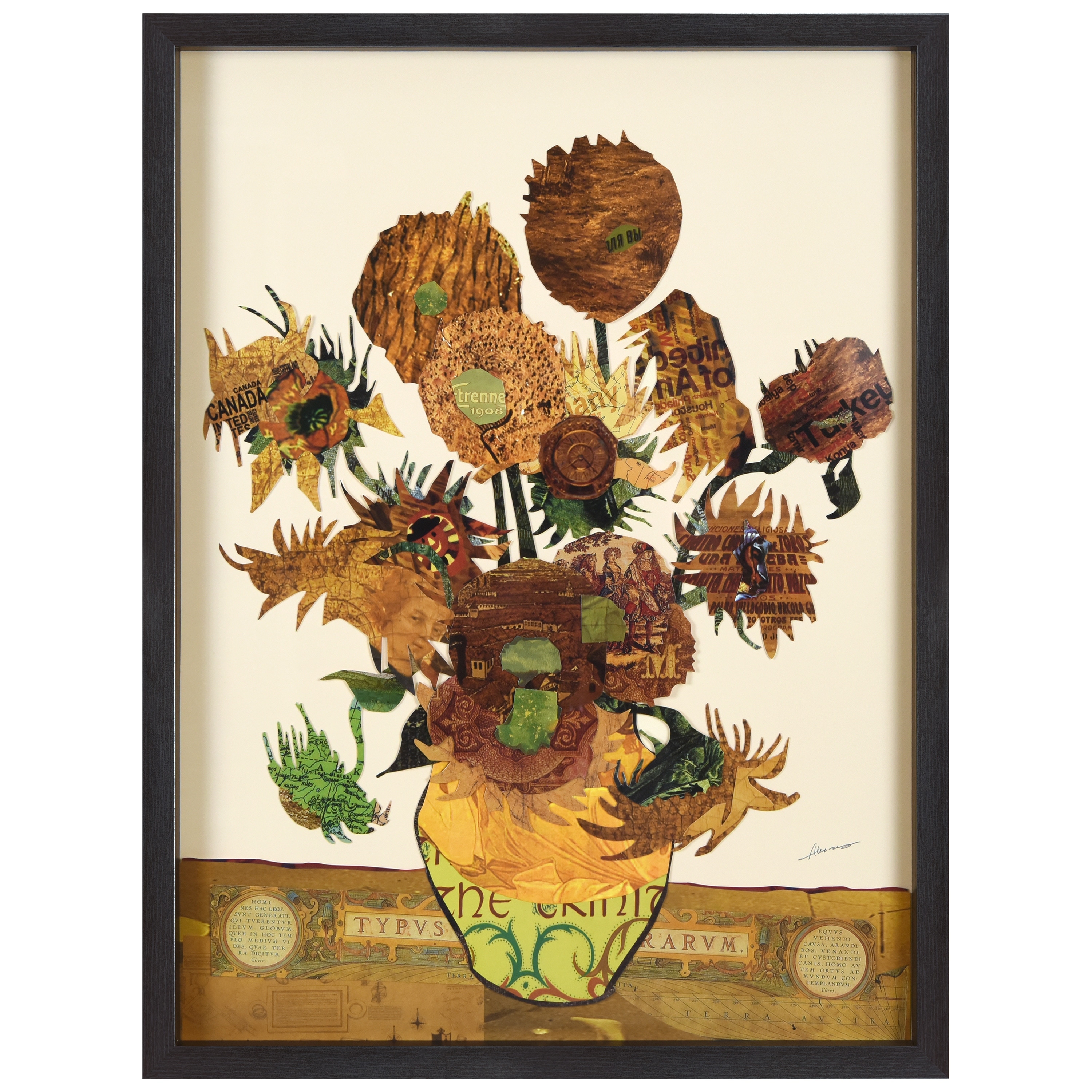 "Sunflower Embrace" Alex Zeng's Signed Hand-made Dimensional Wall Art Collage, under glass with frame
