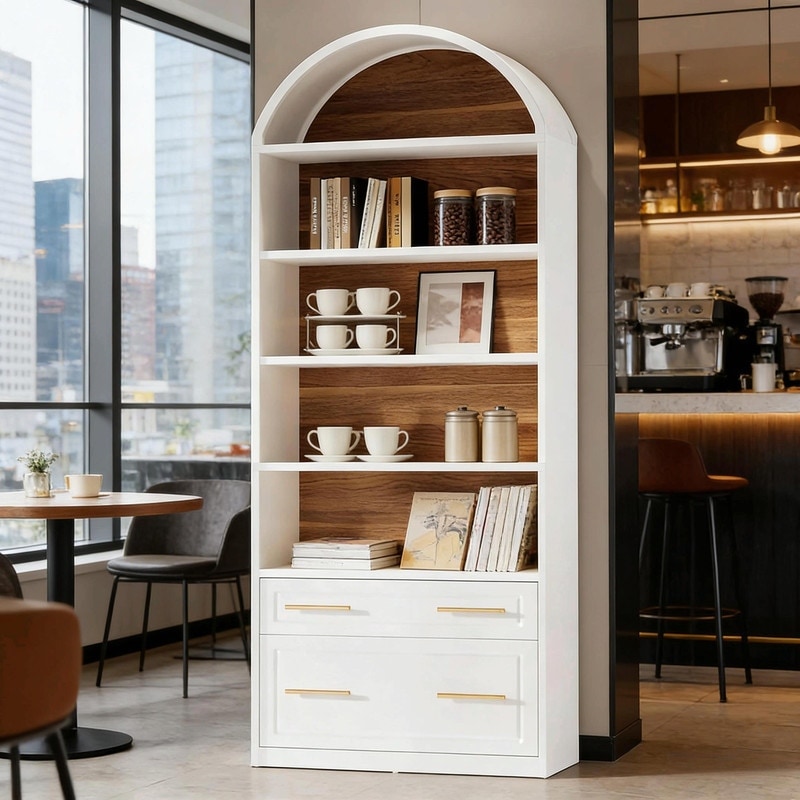 5-Tier Arched Bookshelf with Drawer & File Cabinet, Wood Storage Bookcase for Living Room or Home Office