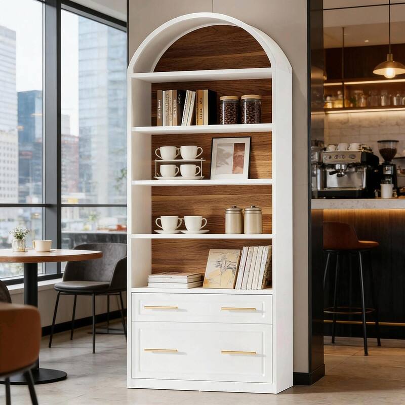 5-Tier Arched Bookshelf with Drawer & File Cabinet, Wood Storage Bookcase for Living Room or Home Office - White