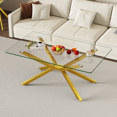 39.37" Rectangular Clear Tempered Glass Coffee Table,Stylish Design with Gold Metal Legs, Coffee Table for Living Room