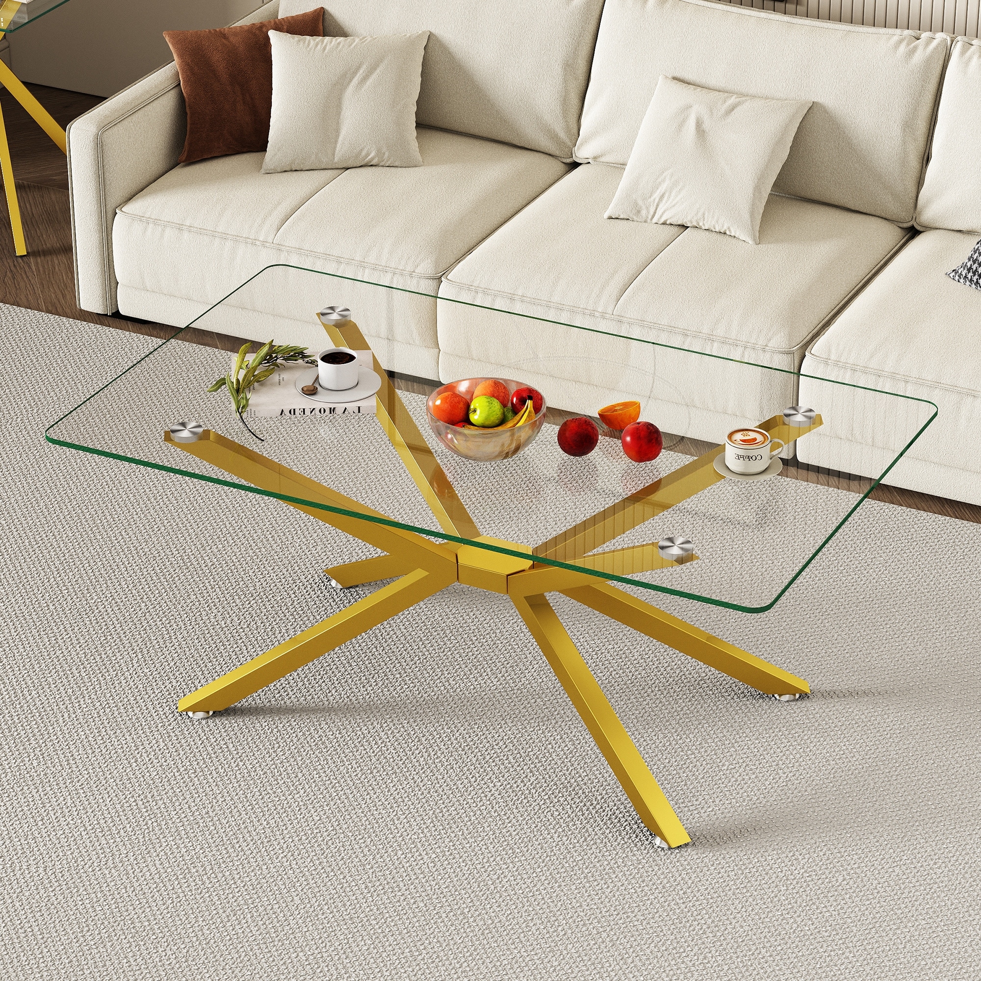 39.37" Rectangular Tempered Glass Coffee Table, Stylish Design with Metal Legs, Coffee Table for Living Room