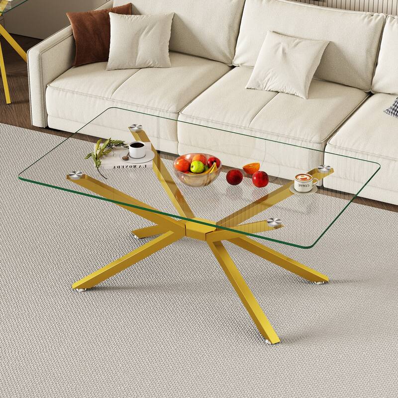 39.37" Rectangular Tempered Glass Coffee Table, Stylish Design with Metal Legs, Coffee Table for Living Room - Transparent,Gold