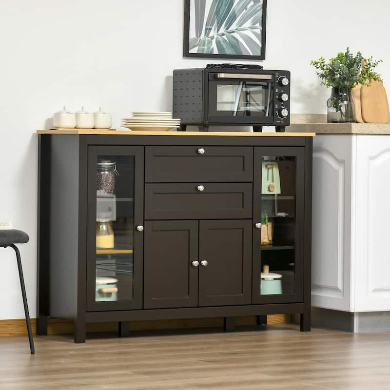 HOMCOM 47" Modern Buffet Cabinet, Storage Sideboard with Glass Door, Pull-Out Drawers and Adjustable Shelving for Kitchen - Brown