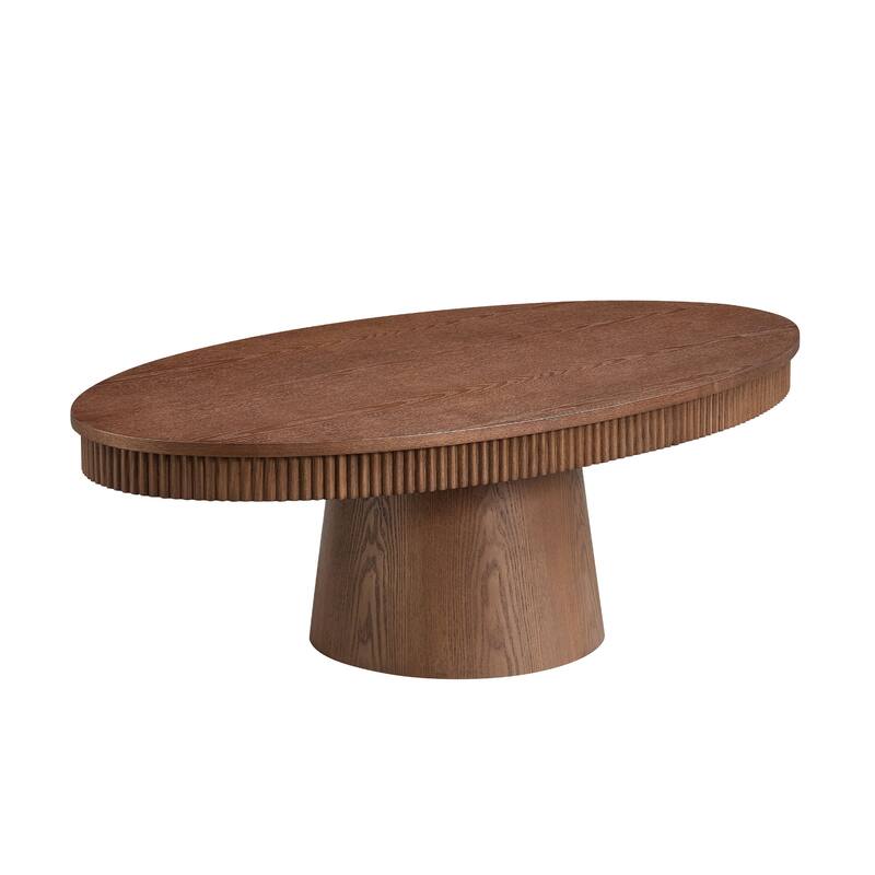 Ellipse Drum Accent Table Modern Oval Handcraft Coffee Table with Fluted Design and Sturdy Pedestal for Living Room