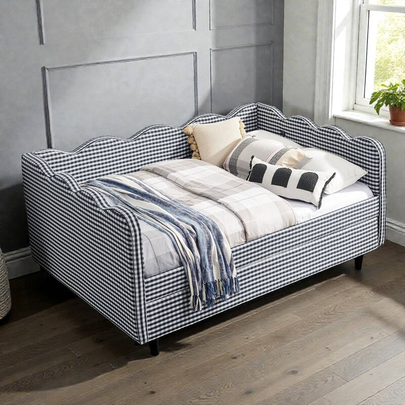 Full Size Gingham Daybed with Twin Trundle, Linen Sofa Bed with USB Port and Wave Shaped Design