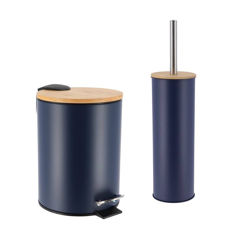 Bathroom Set with Bamboo Lid - Matte Metal Trash Can and Toilet Brush - 15.6" H x 11" L x 11" W - Navy Blue