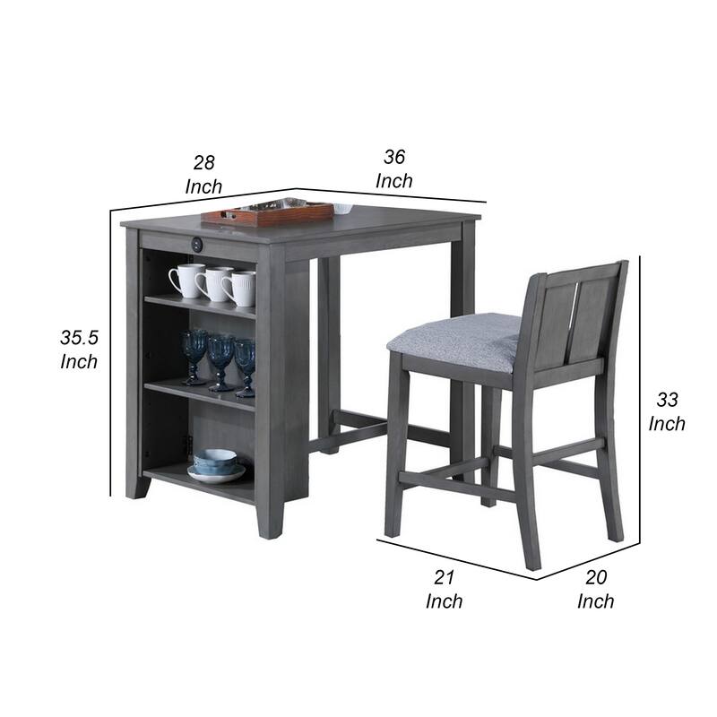 Ham 3 Piece Counter Height Compact Dining Table, Chair Set, Gray Wood