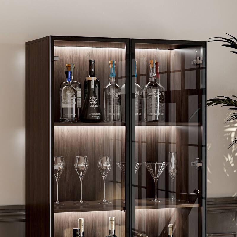 Bookshelves Bookcase Modular Glass Display Cabinet with LED Lights, Dark Wood Storage Combination Cabinet System