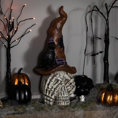 Skull in Witches Hat with Crow Halloween Decoration - 22.75"