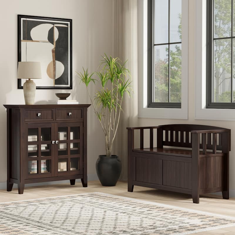 WYNDENHALL Normandy Solid Wood 36 inch Wide Small Storage Bench and 36 inch Wide Storage Cabinet - Brunette Brown