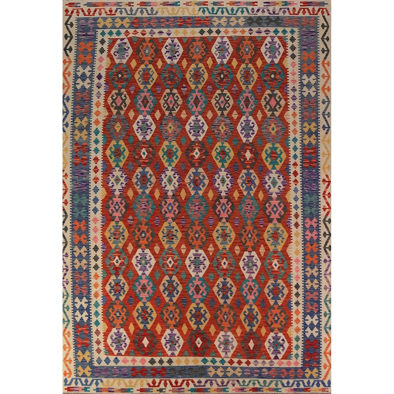 All-Over Geometric Kilim Oriental Area Rug Hand-Woven Wool Carpet - 8'5"x 11'11"